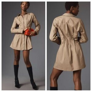 NEW Anthropologie Pilcro Pintuck Mini Shirt Dress Khaki Beige Small Button Front